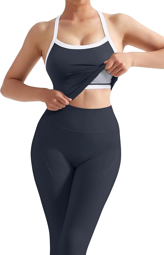 SUUKSESS Women 2 Piece Workout Sets Compression Tummy Control Leggings with Pockets Halter Built in Bra Tank Tops