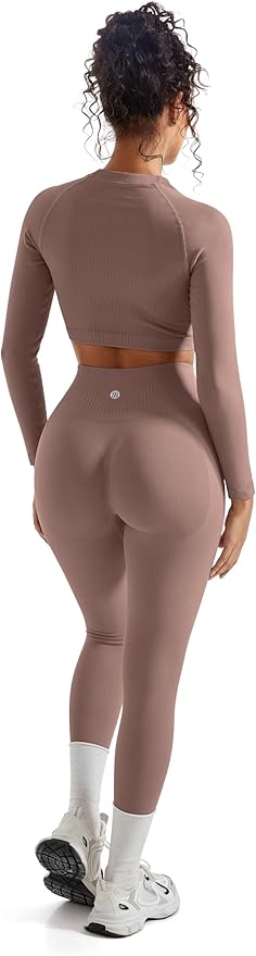 SUUKSESS Women 2 Piece Workout Sets Hidden Scrunch Hip Lifting Seamless Leggings Long Sleeve Yoga Crop Tops