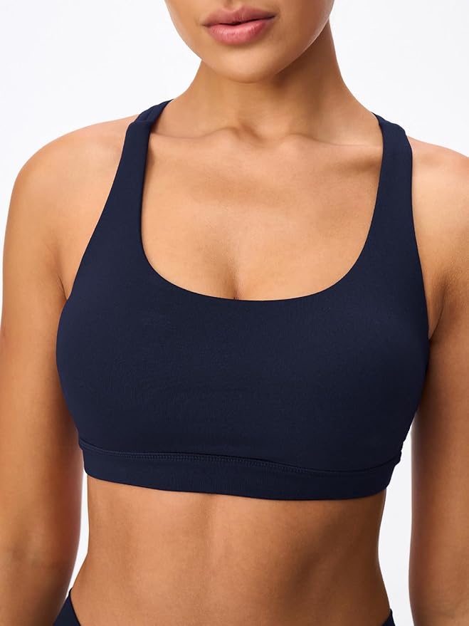 Women's Strappy Sports Bras Light Compression Crop Criss Cross Back Padded Workout Yoga Bra Supportive U Neckline