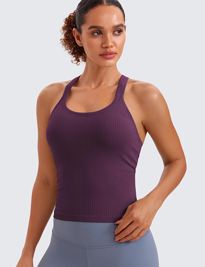 CRZ YOGA Seamless Ribbed Scoop Neck Tank Top for Women - Workout Racerback Padded Athletic Camisole with Built in Bra