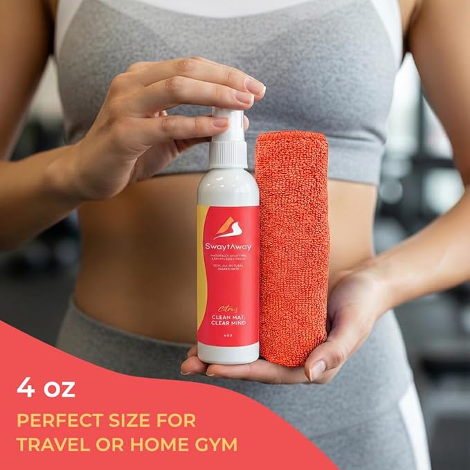 SwaytAway Travel Yoga Mat Cleaner Spray & Towel Kit, 4oz – Non Slip, No Rinse Plant-Based Citrus Essential Oil Mist for Gym, Pilates & Hot Yoga – Made in USA (1 Pack, Citrus)