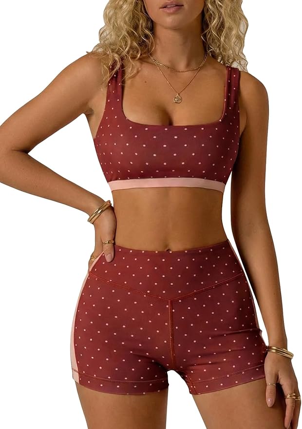 Milumia Women's Polka Dots Workout Set 2 Piece Color Block Yoga Outfit Bra Tank High Waisted Biker Shorts