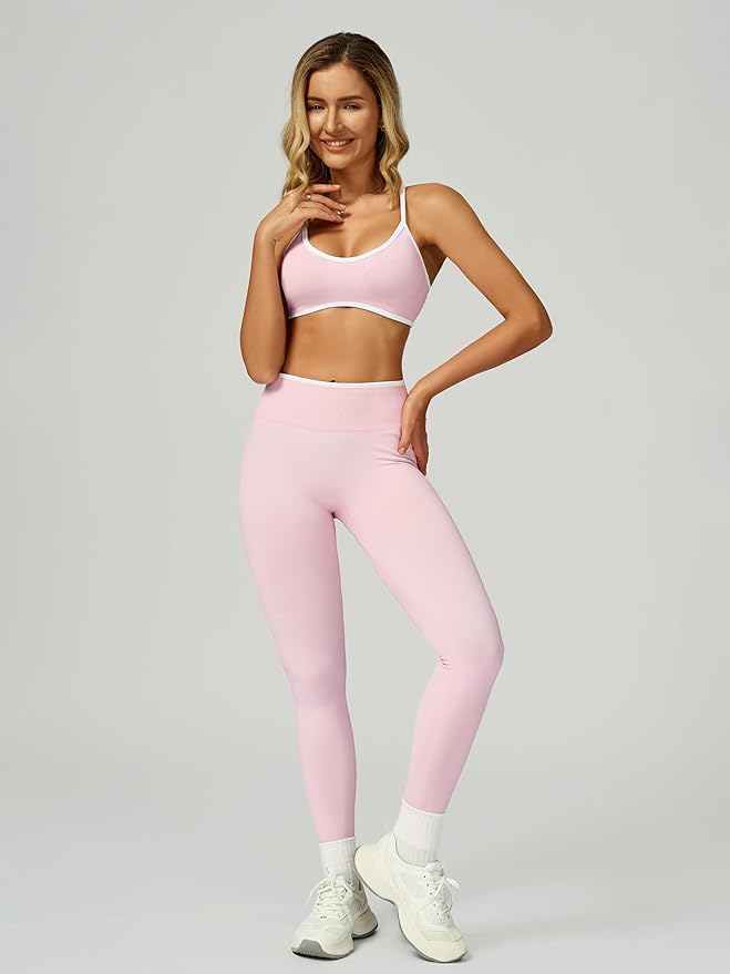 ABOCIW Womens 2 Piece Workout Sets Seamless Color Block Sports Bra Scrunch Butt Lifting High Waist Leggings Gym Set