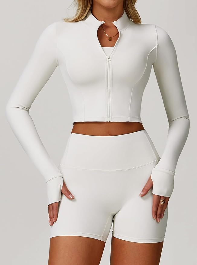 Yknktstc Womens Full Zip Athletic Jacket with Thumbhole Long Sleeve Crop Top Running Workout Yoga Sportswear Shirt