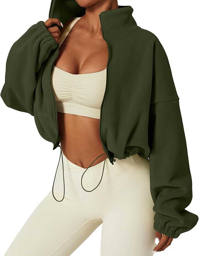 QINSEN Women's Full Zip Fleece Short Jacket Warm Winter Long Sleeve Stand Collar Sherpa Crop Coat
