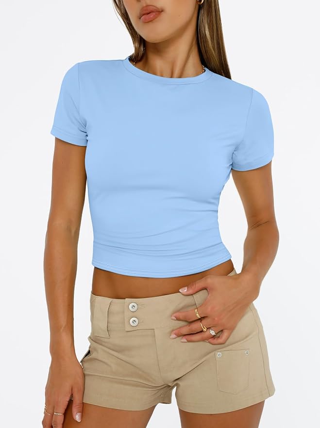 Trendy Queen Womens Short Sleeve T Shirts - Buttery Soft Summer Crop Tops Slim Fit Y2k Basic Tees for Workout