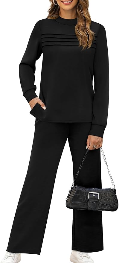 WIHOLL Two Piece Sets for Women Spring Travel Vacation Outfits 2026 Long Sleeve Lounge Sets Side Slit Wide Leg Pants S-3XL