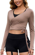 Perfashion Women Ballet Wrap Top Pilates Yoga Long Sleeve Workout Tie Tops Y2K Dance Shirt Blouses