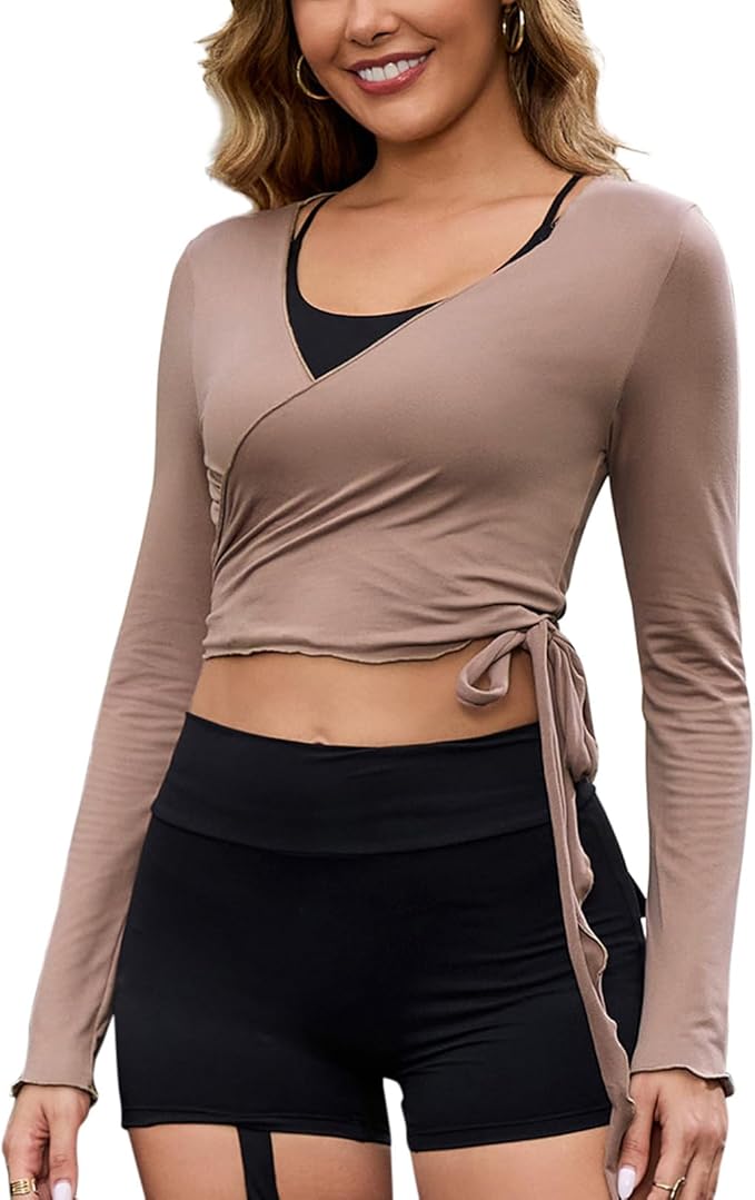 Perfashion Women Ballet Wrap Top Pilates Yoga Long Sleeve Workout Tie Tops Y2K Dance Shirt Blouses