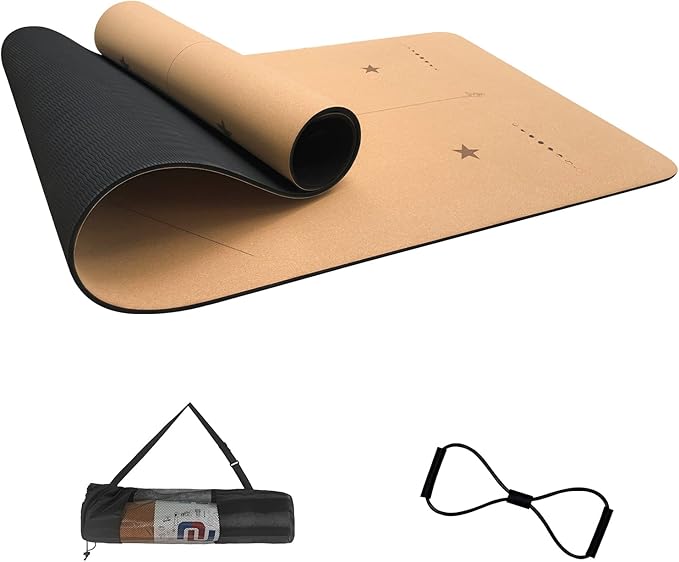 Numat Cork Yoga Mat 6mm (1/4 inch) Thick 72 x 24 in, Sweatproof NonSlip Eco-friendly, Lightweight TPE foam with Alignment Lines, Great for Hot Yoga, Pilates, Gym and Exercise, Black Carrying Bag w. Strap Included