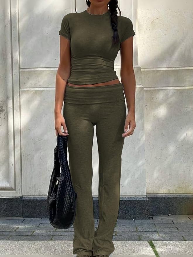 ZFLM Casual Workout Two Piece Outfits for Women Short Sleeve Crop High Waist Foldover Flare Pants Tracksuit Sets Streetwear