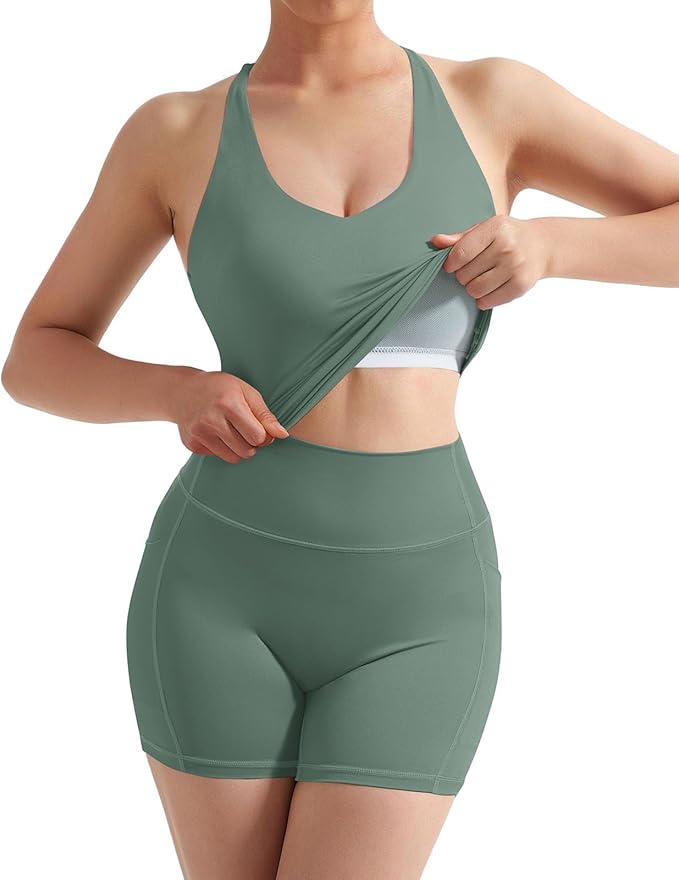 SUUKSESS Women 2 Piece Workout Sets Padded Tank Tops Tummy Control Leggings Gym Outfits