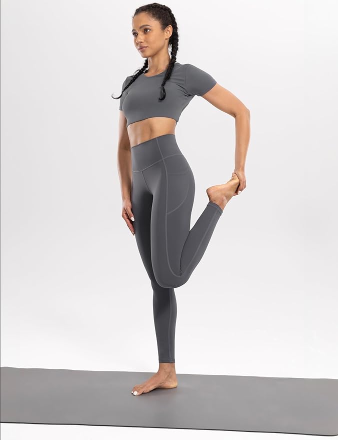 ENERBLOOM Workout Leggings with Pockets for Women High Waist Yoga Pants 25"/28" Cream Soft Lightweight Athletic Gym Tights