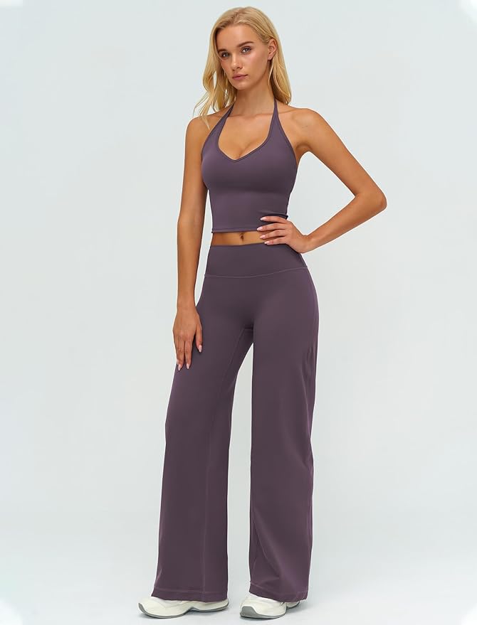 QBGJTD Womens Workout Sets Two Piece Spaghetti Straps Crop Top Matching Straight Leg Pants Gym Work Pilates Outfits