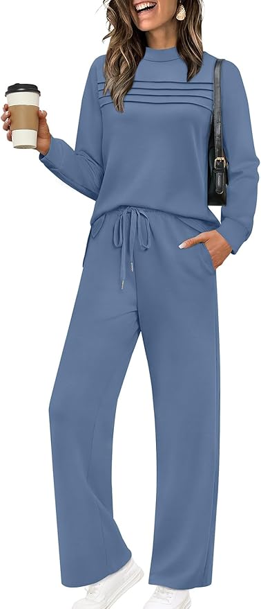 WIHOLL Two Piece Sets for Women Spring Travel Vacation Outfits 2026 Long Sleeve Lounge Sets Side Slit Wide Leg Pants S-3XL