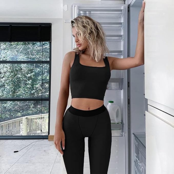 LICOBOD Casual Workout Sets 2 Piece Outfits for Women Ribbed Crop Tank Top High Waist Yoga Leggings Lounge Wear Tracksuit