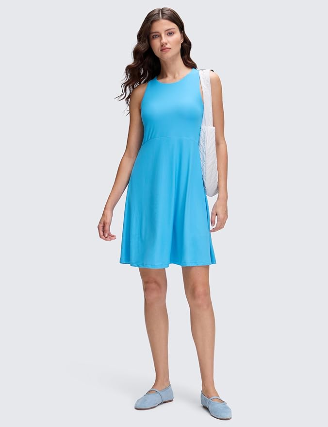CRZ YOGA Cloudweight Double Layer Midi Dress for Women - Crewneck Flowy Tank Top Sleeveless Outfits for Casual Travel
