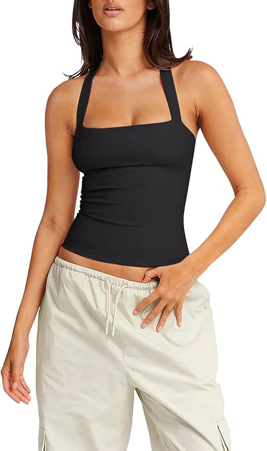 LASLULU Womens Sexy Halter Sports Bra Workout Tops Wirefree Sleeveless Gym Yoga Tank Tops Y2k Casual Crop