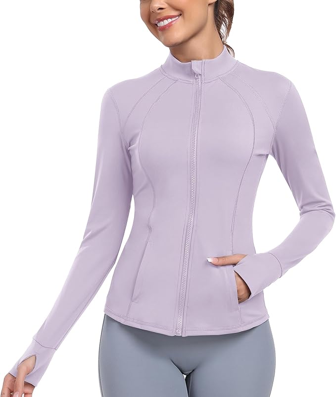 Women's Athletic Full Zip Lightweight Workout Jacket With Pockets Running Yoga Sportwear With Thumb Holes