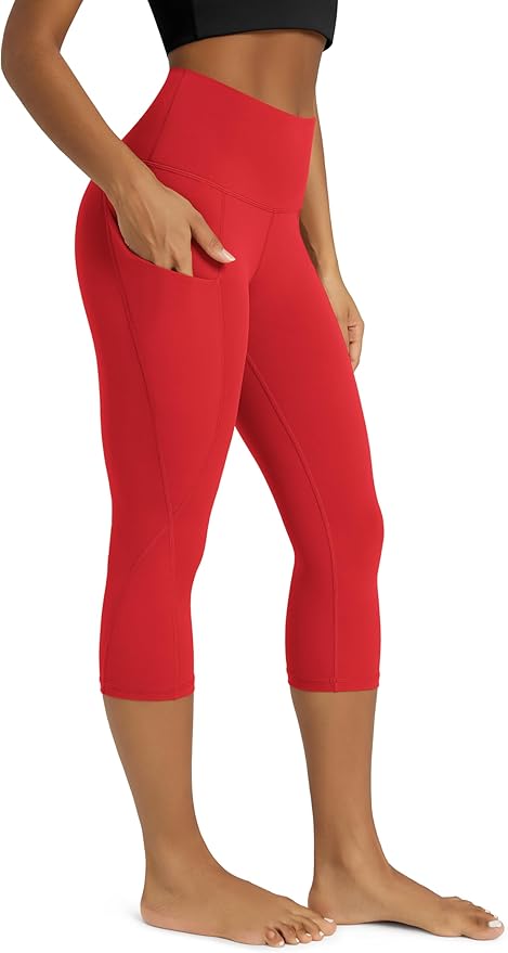 ODODOS Women's High Waisted Yoga Capris with Pockets, Tummy Control Non See Through Workout Athletic Running Capri Leggings