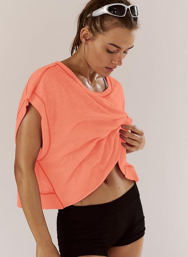 Kumufenc Women Short Sleeve Workout Shirts Open Back Tops Casual Yoga Y2k Athletic Gym Slouchy Crop Running Tees