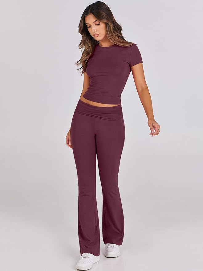 ANRABESS Lounge Sets for Women 2 Piece Foldover Yoga Flare Leggings Pants Crop Tops Casual Y2K Outfits Matching Tracksuit Set