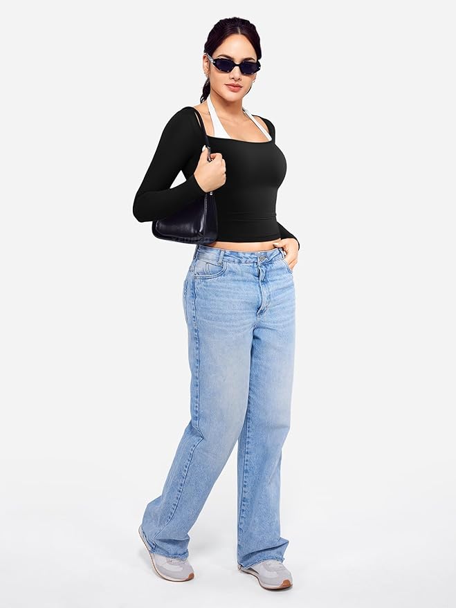 YEOREO Long Sleeve Workout Tops for Women Square Neck Slim Fitted Double Lined Compression Shirt Basic Casual Gym Yoga Tops