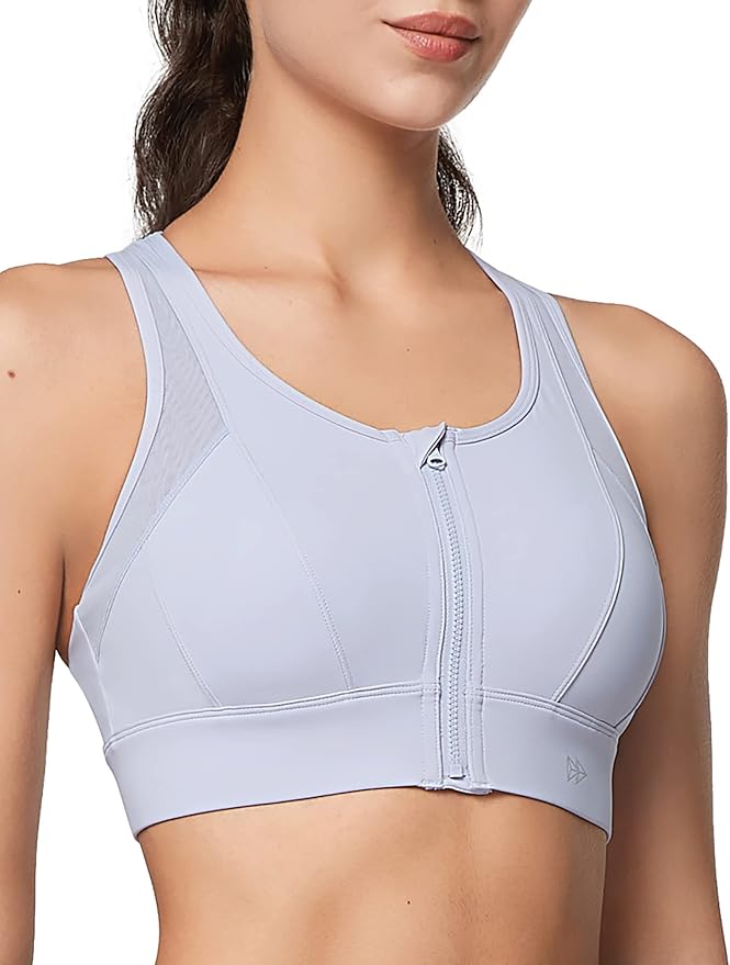 Yvette High Impact Zip Front Sports Bra Mesh Racerback Workout High Support Sports Bras for Women Large Breasts