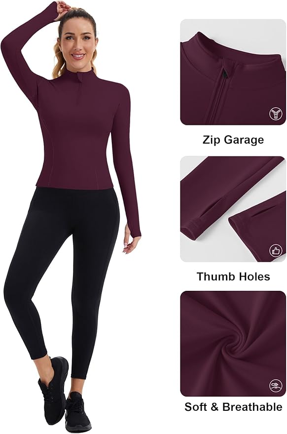 ZHENWEI Womens Workout Tops Long Sleeve Quarter Zip Pullover Quick Dry Golf Shirt Athletic Slim Fit Crop Yoga Gym Tops