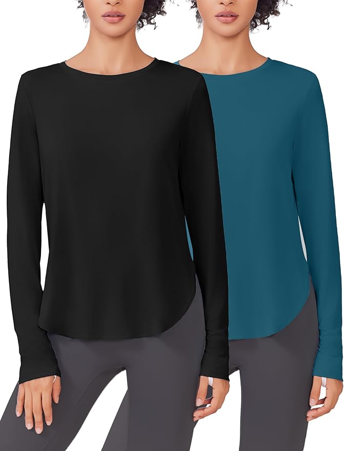 PINSPARK 2 Pack Long Sleeve Workout Tops for Women UV Protection Soft Workout Tops Lightweight Athletic Running Hiking Shirt