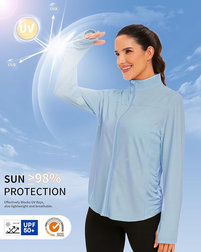 Vldnery Women's UPF 50+ Sun Protection Lightweight Jacket Zip Up Long Sleeve Sun Shirt for Women with Thumb Hole Hiking