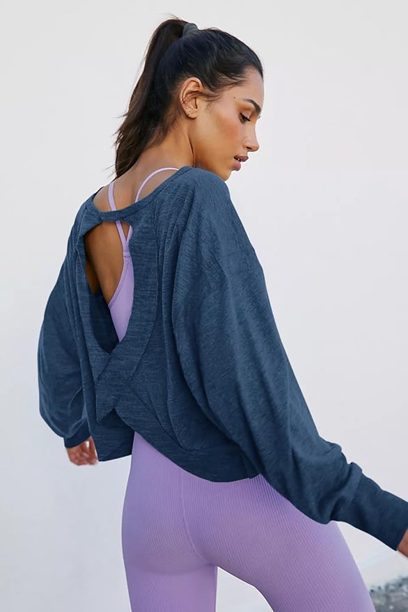 LASLULU Womens Open Back Long Sleeve Workout Tops Athletic Shirts Boat Neck Casual Running Tee Y2k Yoga Gym Tops