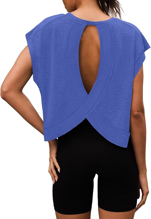 Women Open Back Workout Shirts Short Sleeve Tops Casual Yoga Y2k Athletic Gym Running Crop Tees