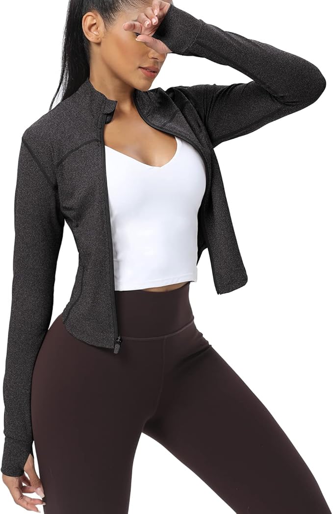 AVGO Women's Cropped Running Workout Jackets Zip Slim Fit Athletic Tops with Thumb Holes