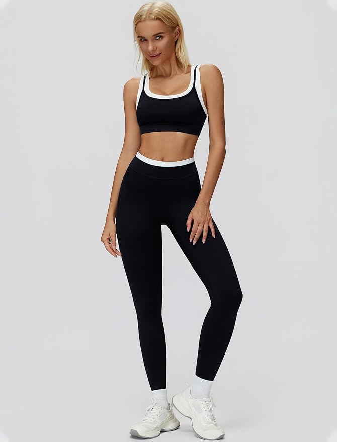 Women 2 Piece Workout U Back Color Block Sports Bra High Waist Active Leggings Yoga Pilates Outfits