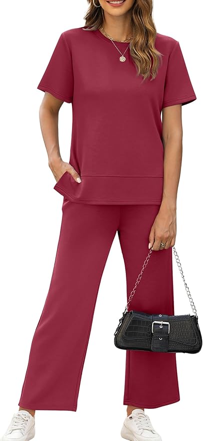 XIEERDUO Women's Side Slit Lounge Sets 2026 Fashion 2 Piece Travel Outfits Cozy Loungewear Wide Leg Tracksuits S-3XL