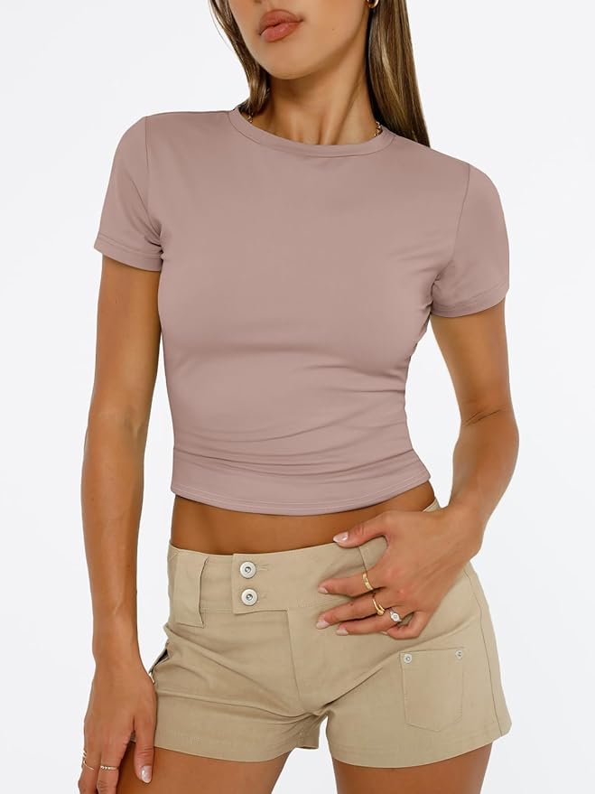 Trendy Queen Womens Short Sleeve T Shirts - Buttery Soft Summer Crop Tops Slim Fit Y2k Basic Tees for Workout