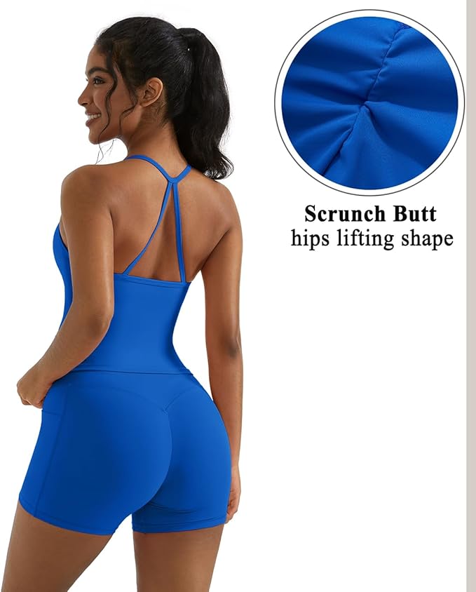 OMKAGI 2 Piece Workout Sets for Women Padded Sports Bra Tank Booty Gym Shorts with Pockets