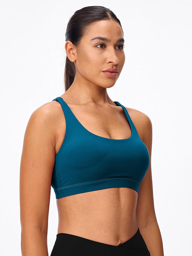 Women's Strappy Sports Bras Light Compression Crop Criss Cross Back Padded Workout Yoga Bra Supportive U Neckline