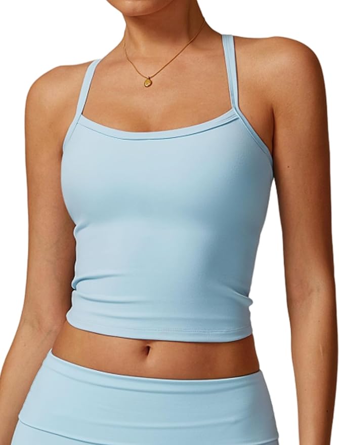 QBGJTD Womens Longline Sports Bras Cross Back Active Gym Yoga Padded Workout Crop Tank Top with Built in Bra
