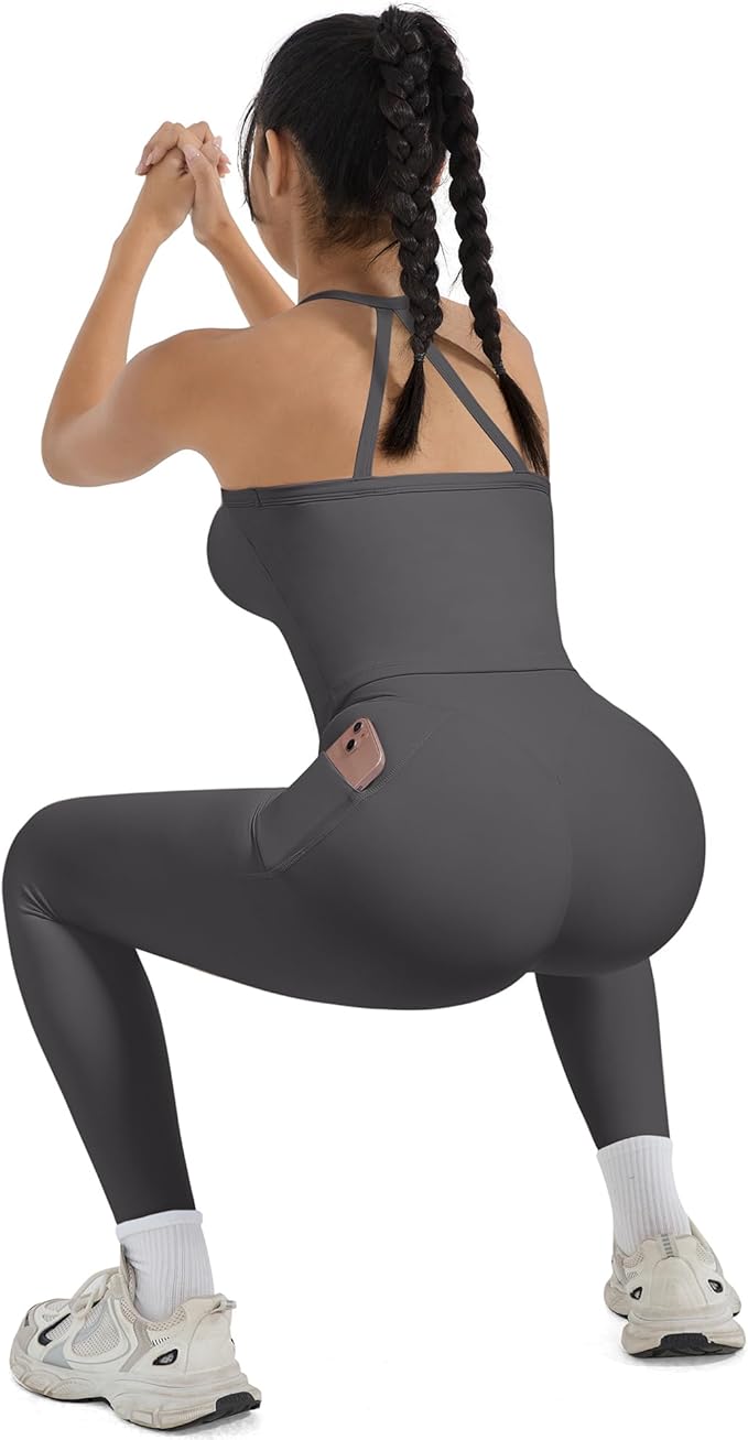SUUKSESS Women 2 Piece Workout Sets Compression Tummy Control Leggings with Pockets Halter Built in Bra Tank Tops