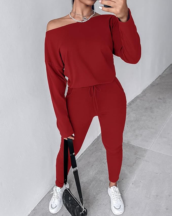 CHICME Women Tracksuit Fall 2 piece Outfits Off The Shoulder Long Sleeve Tops and Pants Set Travel Outfits