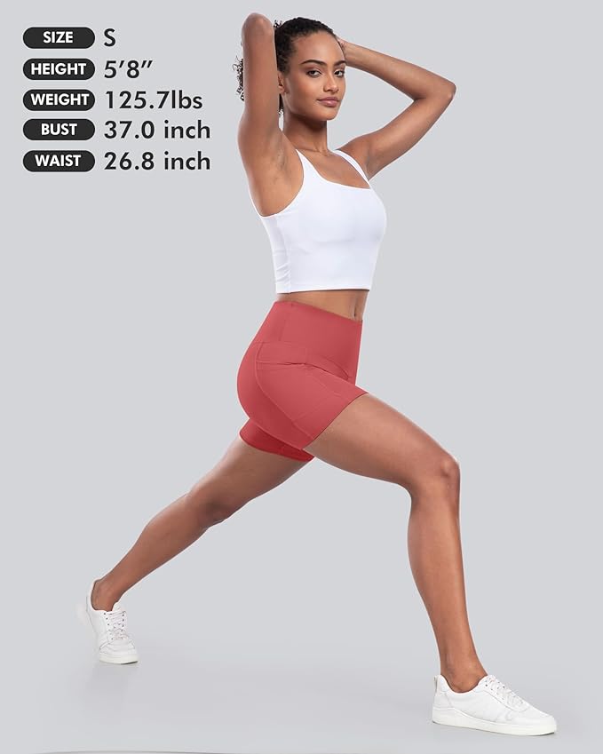 CHRLEISURE Womens Biker Yoga Shorts with Pocket, High Waisted Tummy Control 5 Inch Workout Spandex Athletic Gym Shorts