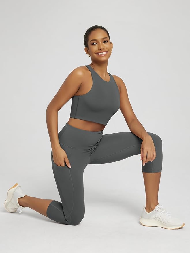 ODODOS Women's High Waisted Yoga Capris with Pockets, Tummy Control Non See Through Workout Athletic Running Capri Leggings