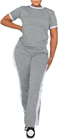 PINSV Women's 2 Piece Outfits Short Sleeve Tops Sweatpants Colorblock Bodycon Lounge Sets Tracksuit