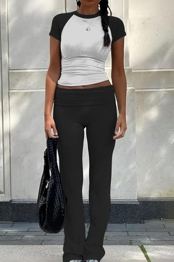YETOWA Women's 2 Piece Lounge Outfits Slim Short Sleeve Tops Low Rise Flare Leggings Sets Yoga Sweatsuit