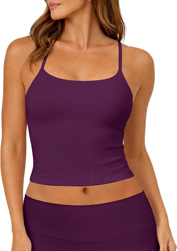 Ieumaz Strappy Crop Top for Women Scoop Neck Longline Gym Workout Sports Bras Built in Removable Pads Yoga Camisole Tank Top