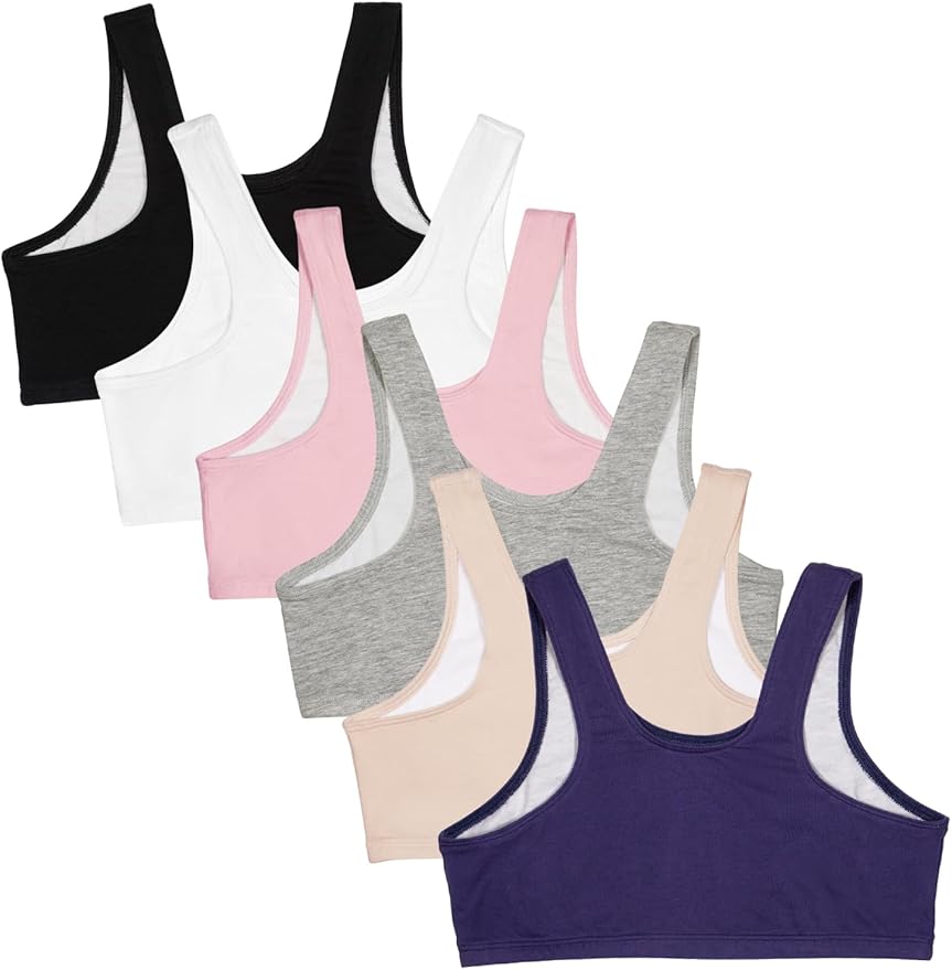 Fruit of the Loom girls Multi Pack Cotton Built -Up Stretch Sports Bra Available in 6 Packs!