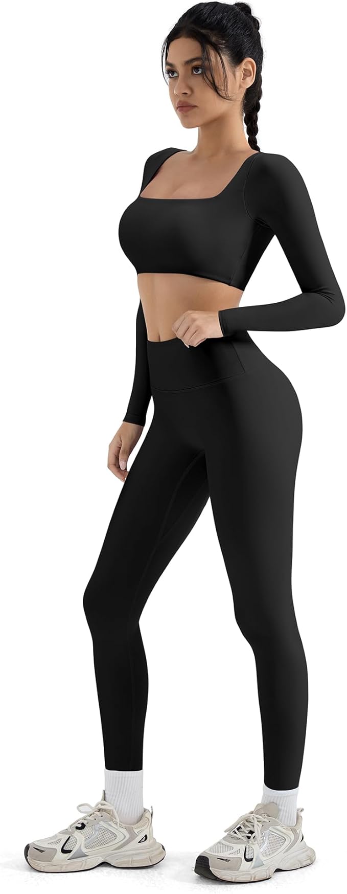 SUUKSESS Women 2 Piece Workout Sets Compression Tummy Control Leggings with Pockets Long Sleeve Square Neck Padded Crop Tops
