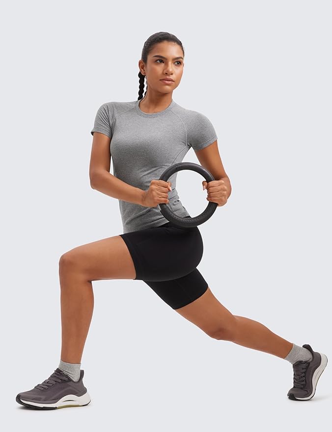 CRZ YOGA Seamless Workout Tops for Women Hip Length - Athletic Running Gym Yoga Short Sleeve Shirts Breathable Crewneck Tees